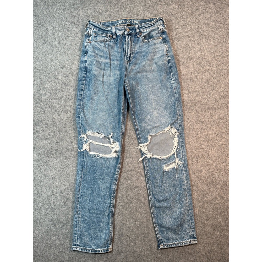 American Eagle Mom Jeans Womens 4 Regular Distressed Acid Wash Blue High Rise